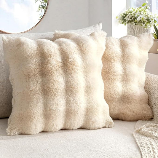 MIULEE Pack of 2 Decorative Pillow Covers Thick Soft Plush Faux Fur Throw Pillows Luxury Home Decor for Couch Bedroom Living Room Sofa,20x20 Inch Beige