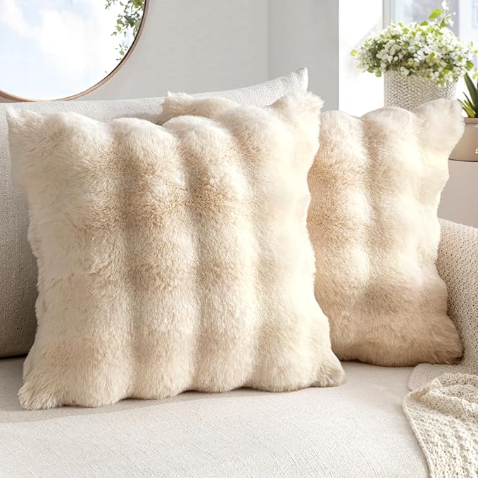 MIULEE Pack of 2 Decorative Pillow Covers Thick Soft Plush Faux Fur Throw Pillows Luxury Home Decor for Couch Bedroom Living Room Sofa,18x18 Inch Beige
