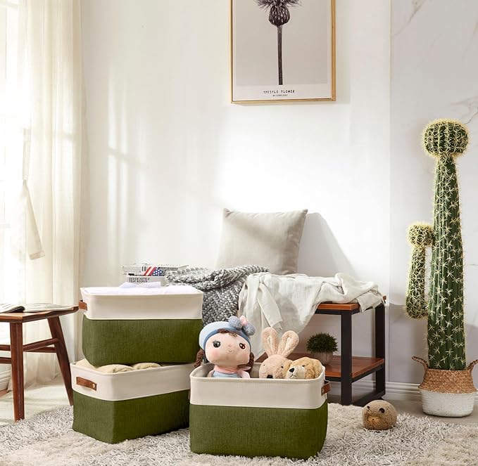 DECOMOMO Storage Bins Fabric Storage Baskets for Shelves, Linen Closet Organization Toys Nursery (Olive Green and White, Large - 3 Pack)