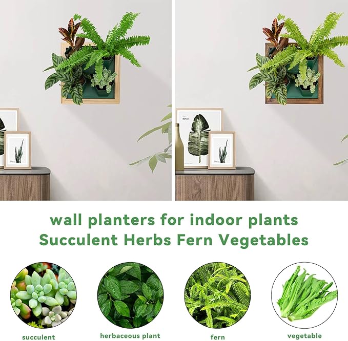 Vertical Wall Planter, 4 Pots Self Watering Living Planters Indoor, Wooden Frame Planter Wall Decoration Home Office (No Screw)