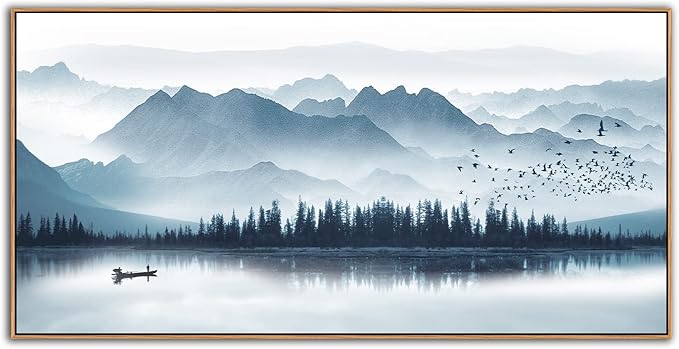 Indigo Framed Canvas Wall Art Misty Mountain Wall Pictures Foggy Lake Boat Canvas Painting Prints Forest Birds Canvas Wall Decor for Living Room Bedroom Decorations Natural Framed 24" x 48"
