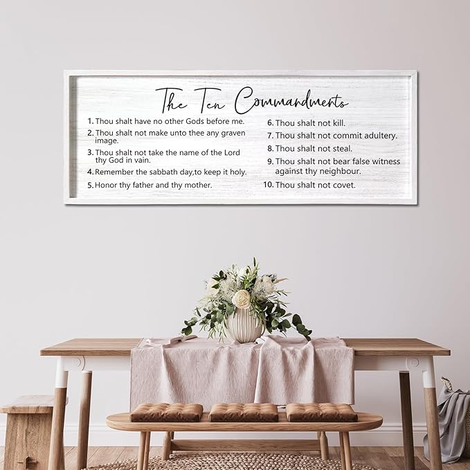 The Ten Commandments Rustic Bible Verse Framed Wall Art, 40''×15'' Positive Religious Christian Saying Sign for God Jesus Christ Prayer, Vintage Horizontal Holy Inspirational Catholic Scripture Decor