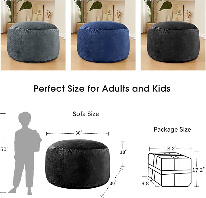 Bean Bag Chairs for Kids - Memory Foam Furniture BeanBag Chair - Kids/Teens Sofa with Soft Micro Fiber Cover - Round Fluffy Couch for Living Room Bedroom College Dorm - 2.5 ft, Carbon Black