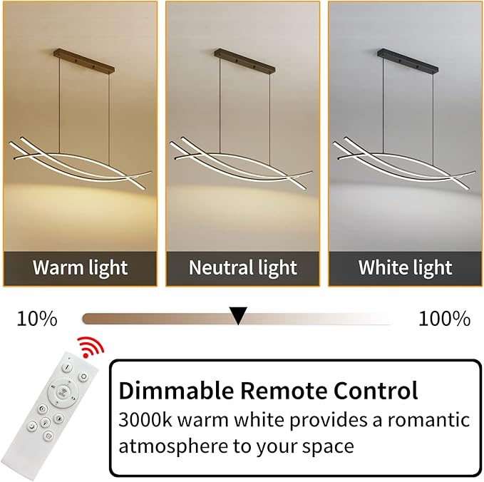 Pendant Light, Linear Pendant Light LED Dimmable Hanging Light Fixture, LED Modern Curved Chandelier, Chandeliers for Dining Room