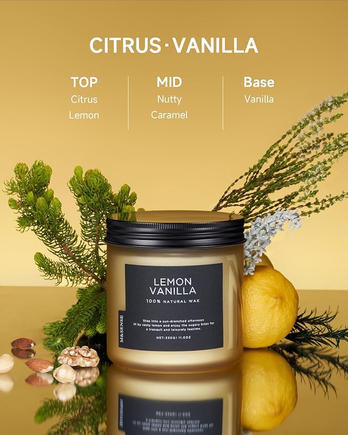 M&SENSE Candles Lemon Vanilla Scented, 11.6oz 70 Hour Long Lasting Candles for Home, 2 Wick Natural Soy Wax in Glass Jar, Stress Relief Gifts for Women and Men