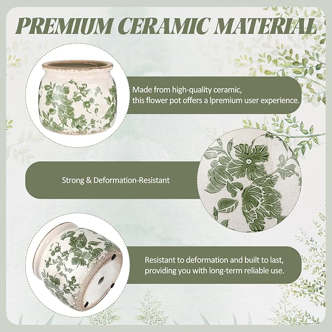 Vintage Planter Large Ceramic Plants Pot Beige Green Vintage Floral Ice Crack Cottage Scroll Vase Flower Vase Pot Indoor Plants Home Kitchen Decor Farmhouse Antique Decorative Gifts