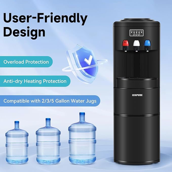 ICEPURE Water Dispenser with Ice Maker, 3-in-1 Hot and Cold Water Cooler with Built-in Bullet Ice Maker Machine, 26.5lbs/24H, Top Loading for 3-5 Gallon Bottle, Child Safety Lock, Black