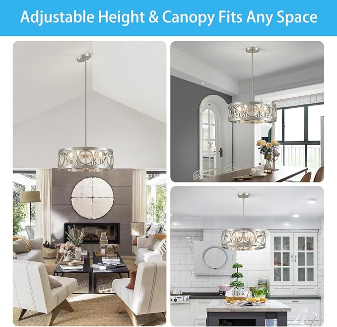 XINGQI 6-Light Modern Farmhouse Chandelier Brushed Nickel, 21.7'' Drum Ceiling Light Fixture for Living Dining Room Over Table with Round Metal Shade Pendant Lighting