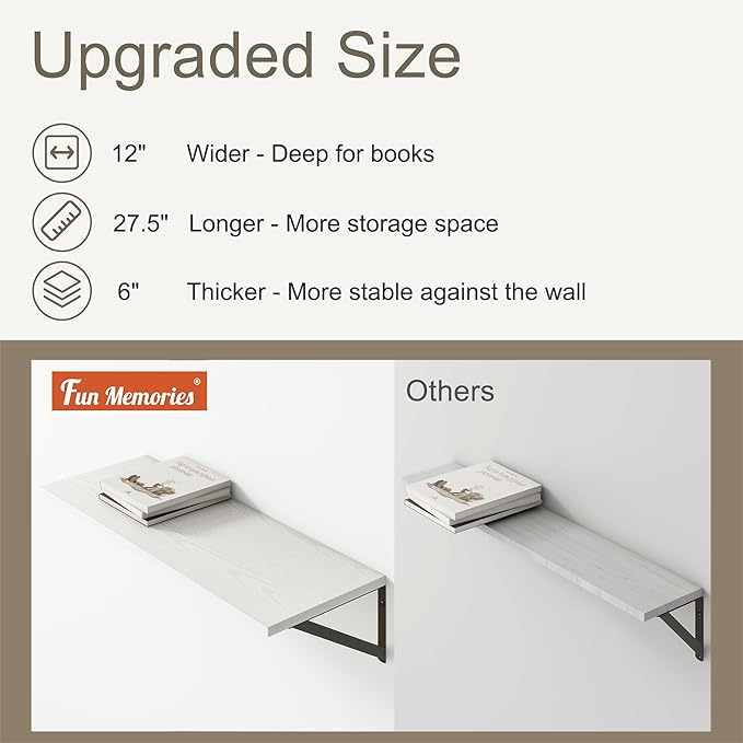 Fun Memories 27.5" W x12 D Floating Shelves, White Wall Shelf with Brackets, 12 Inch Deep Floating Shelf Set of 2, Large Storage Kitchen Living Room Bathroom Shelves, Wood Wall Mounted Shelf