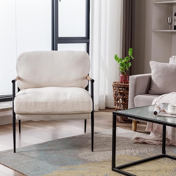Mid-Century Accent Chair, Soft Armchair Sherpa Fabric Lounge Chair with Black Metal Legs, Upholstered Leisure Chair for Living Room Bedroom Reception Room, 1PC, White