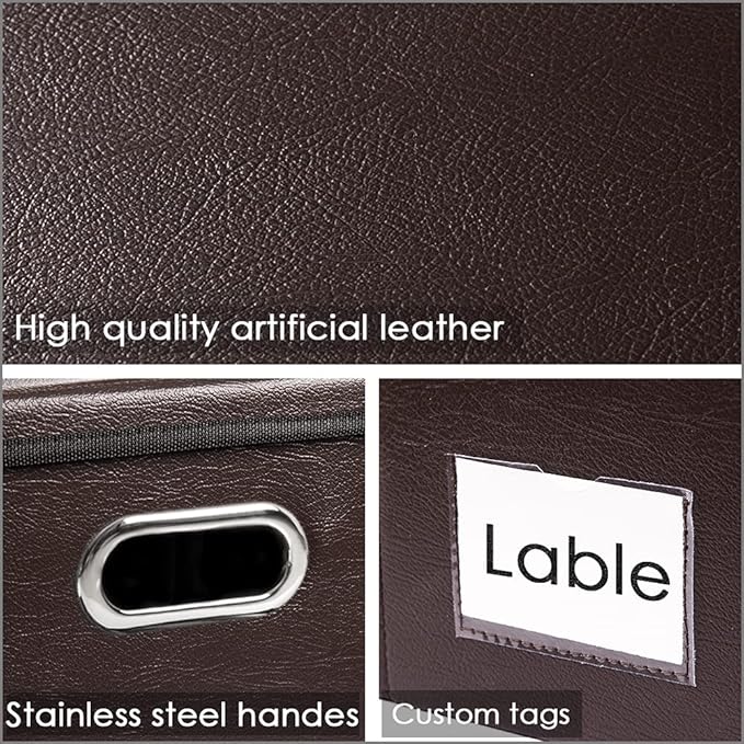 PRANDOM Large Collapsible Storage Bin with Lid [1-Pack] Leather Fabric Foldable Storage Box Organizer Containes Basket Cube with Cover for Home Bedroom Closet Office Nursery Brown (17.7x11.8x11.8)