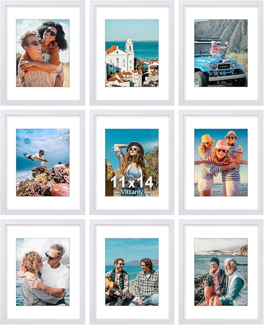 Vittanly 11x14 Picture Frames Set of 9, Shatter Resistant Plexiglass, Display 8x10 Pictures with Mat or 11x14 without Mat, Photo Frames for Wall or Tabletop, Engineered Wood, White