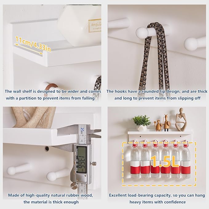 Wood Coat Hook with Wall-Mounted Shelf,23.62in Entryway Wall Hanging Shelf,for Bathroom, Kitchen,Coat Towel Key Organizer White YD-WS0260W