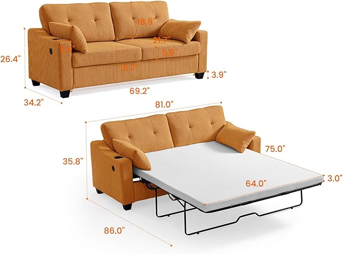 Pull Out Sofa Bed, Full Size Sleeper Sofa, 2-in-1 Convertible Corduroy Couch with USB Charging, Memory Form Couch for Living Room, Apartment and Small Space (Mustard Yellow, Corduroy - Queen Size)