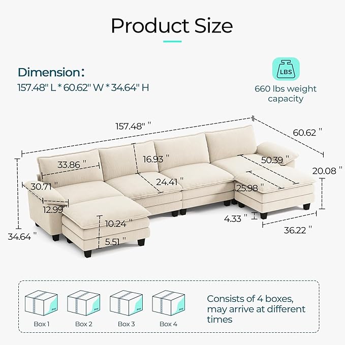 LINSY HOME Modular Sectional Sofa - 157'' Comfy Corduroy Cloud Sofa Oversized U Shaped Couch with Movable Ottoman, Soft Modern Sofa for Living Room Apartment, Beige