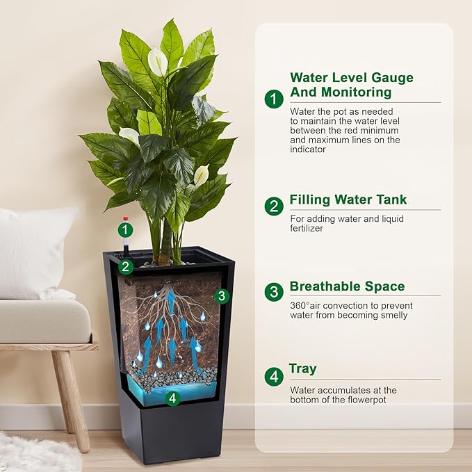 22.5" Tall Planters Set of 2, Outdoor＆Indoor Black Planter Pots, High Front Porch Planter Pots with Drainage Holes＆Water Level Monitor＆Inner Bucket, Automatic Watering, Black