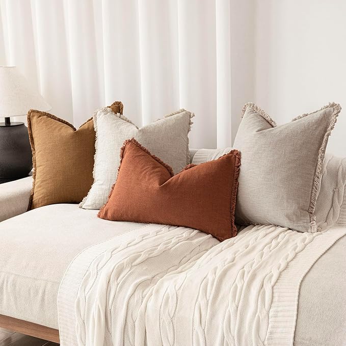 Foindtower Decorative Linen Fringe Throw Pillow Covers Cozy Boho Farmhouse Cushion Cover with Tassels Soft Accent Pillowcase for Chair Sofa Bed Living Room Home Decor, 22×22 Inch, 1PC,Orange Brown