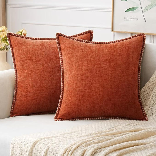 MIULEE Pack of 2 Fall Couch Throw Pillow Covers 16x16 Inch Rust Farmhouse Decorative Pillow Covers with Stitched Edge Soft Chenille Solid Dyed Pillow Covers for Sofa Bed Living Room