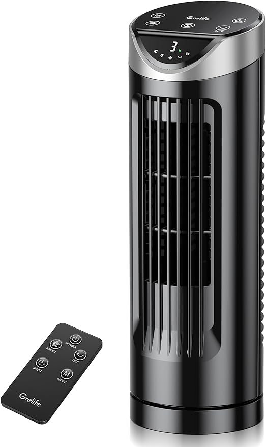 Grelife Tower Fan with Remote Control, Fast Cooling Desktop Fan, 90° Oscillation, 3 Speeds, 3 Wind Modes, Touch Screen, Auto Timer, Ideal for Home, Office Bedroom