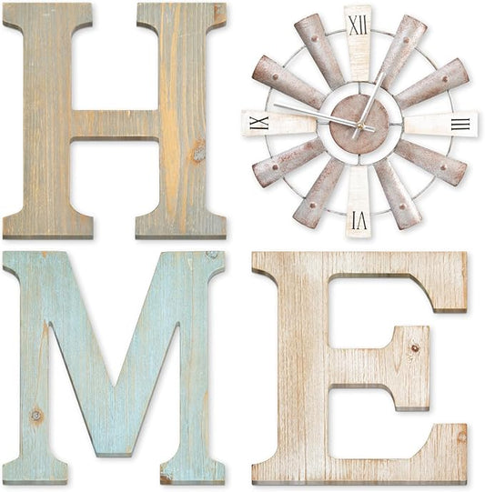 ZAZIWZ Farmhouse Home Signs with Windmill Clock Wall Decor Rustic Home Letters Wall Art for Living Room Kitchen Entryway Dining Room Bedroom (mix color)