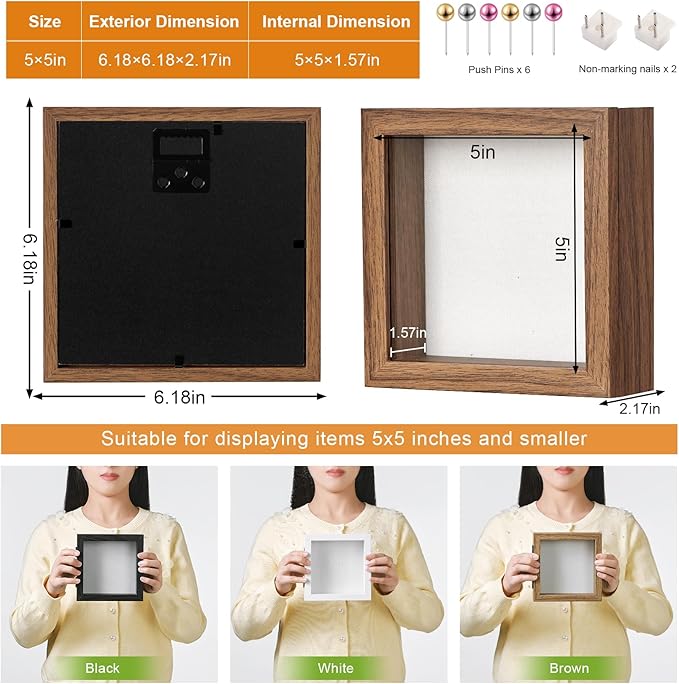 5x5 Deep Shadow Box Picture Frame Display Case with Linen Back ,Real Glass Small Mini Brown Shadow Memory Box Frame 5x5 for Insect Display Pet Photo Memorial Flower Art Craft Wall Decor Gift