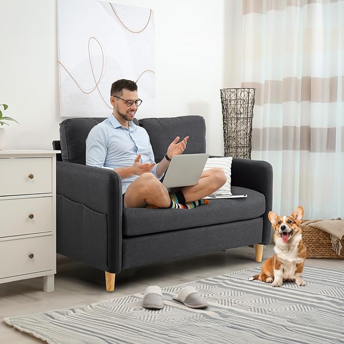 VINGLI 47" Small Couch, Linen Loveseat Sofa Black Mini Couch Mid Century Modern Decor Love Seat for Small Spaces Living Room, Bedroom, Play Room