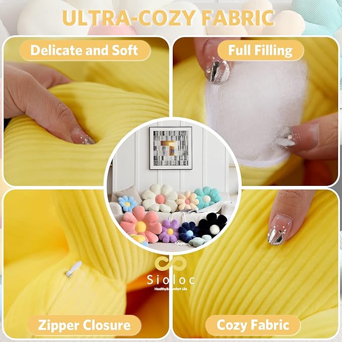 Sioloc Flower Pillow Shaped Throw Pillow Butt Cushion Floor Pillow,Seating Cushion,Cute Room Decor & Plush Pillow for Bedroom Sofa Chair(Yellow,15.7'')
