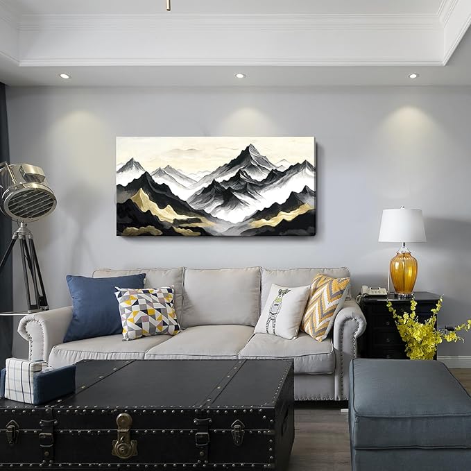 amatop Oversized Wall Art for Living Room Modern Extra Large Abstract Inspirational Mountain Black Gold Canvas Print Landscape Artwork Zen Scenery Picture for Bedroom Office Horizontal Decor 58x29 Inch