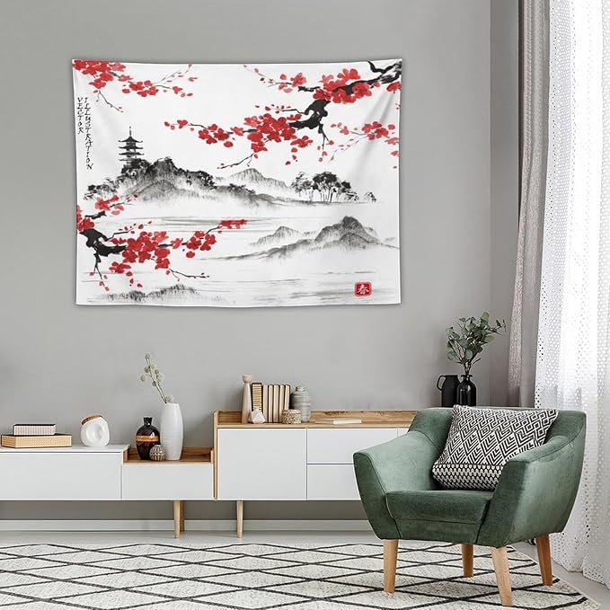 Cherry Blossoms Tapestry, Japanese Fuji Mountain Wall Tapestry, Nature Landscape Wall Art for Bedroom & Living Room Decor, 40"x30"