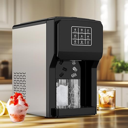 3 in 1 Water Dispenser with Ice Maker, Ice Maker Countertop, Bullet Ice, Crushed Ice, Water Cooler, 44Lbs/24H, 12 Ice/6Min, Self-Cleaning, 4Lbs Ice Storage, Home/Kitchen/Party/RV (Touchscreen)
