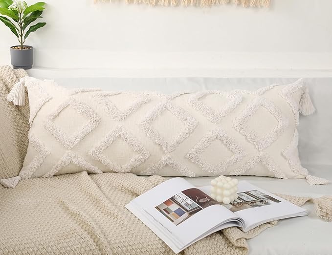 PANOD Decorative Long Lumbar Pillow Cover 12x36 Boho,Super Soft Chenille Extra Long Lumbar Pillow Case Cover with Tassel for Bed Sofa Couch Farmhouse Livingroom,White,Modern Skinny