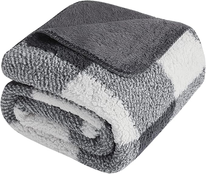 LURKA Checkered Sherpa Fleece Throw Blanket - Extra Thick and Warm Winter Soft Fuzzy Plush Blanket for Couches, Beds & Pets, Smoke Grey, 50x60 Inches