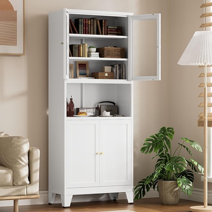 69" Tall Pantry Cabinet, Kitchen Storage Cabinet with 2 Glass Doors and Adjustbale Shelves, Freestanding Metal Cupboards for Dining Room, Living Room, Bathroom