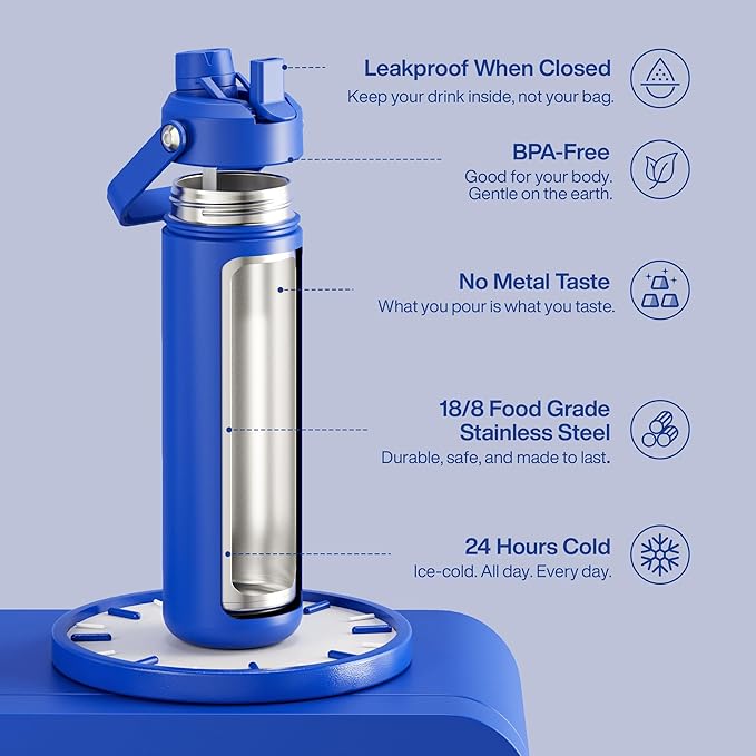 Insulated Water Bottle with Straw Stainless Steel Water Bottle, Leak-Proof, BPA-Free, Double Wall Vacuum Keeps Cold for 24 Hours for Sports, Travel, School (26 oz, Royal Blue)