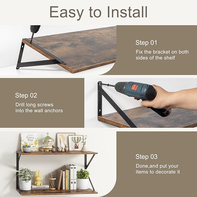 Fun Memories 20 Inch Floating Shelves, Deep Wall Shelves for Kitchen, 20 x 12 Floating Shelf for Living Room, Bedroom, Farmhouse Floating Shelves for Home Decor Storage, Rustic Brown, Set of 2