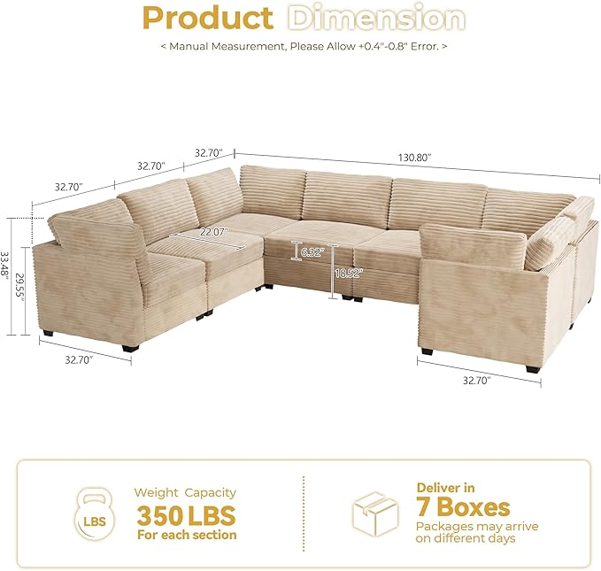 HOOOWOOO Modular Sectional Sofa,7 Pieces Sectional Couches for Living Room,131X98 U Shaped Cloud Couch Set(Beige Velvet Corduroy)