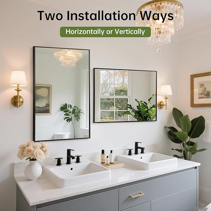 FARMER 26x38 Inch Black Bathroom Mirror, Rectangle Wall Mounted Mirror, Vanity Mirror, Brushed Square Mirror, Framed Bathroom Mirror for Bedrooms, Entryways, Living Rooms, Horizontal/Vertical