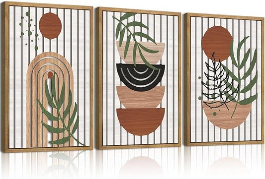 Large Boho Mid Century Wood Wall Art Set Modern Bohemian Wooden Wall Decor Minimalist Leaf Art Decor Abstract Geometric Wall Sculptures for Living Room Bedroom Office-16x24Inchx3