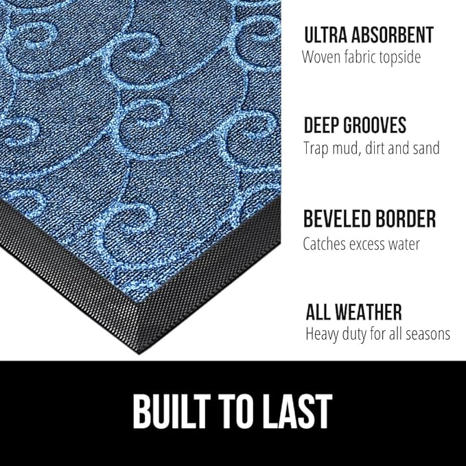 GORILLA GRIP 100% Waterproof All-Season WeatherMax Doormat, 72x24, US Designed Natural Rubber, Stain and Fade Resistant, Low Profile Indoor Outdoor Door Mats, Easy Clean Patio Mat, Ocean Blue Waves