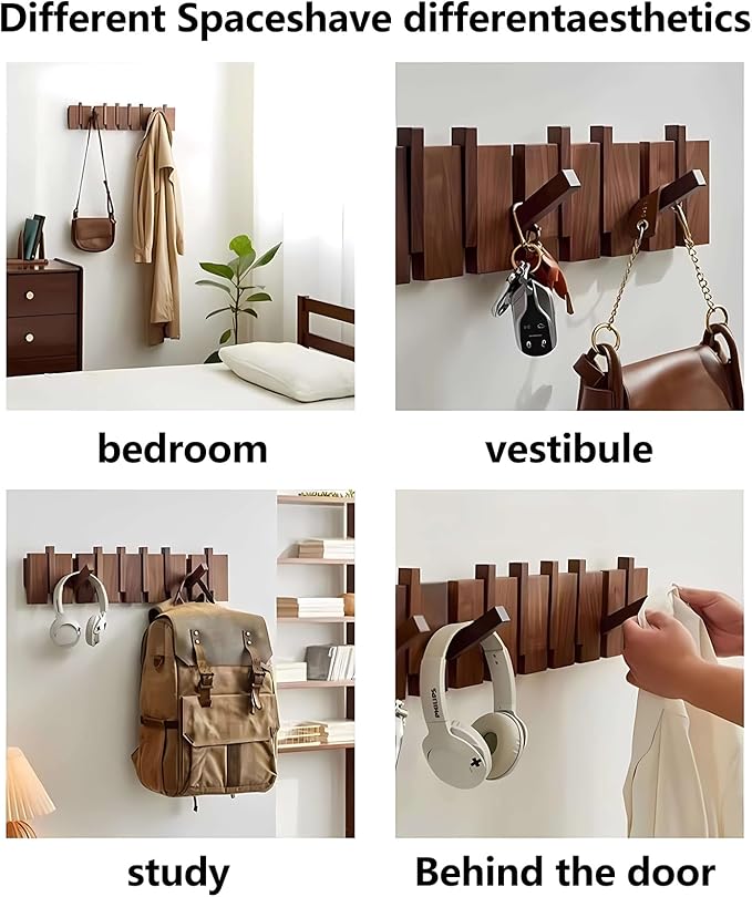 Wall Mounted Piano Key Hanger | Flip Style Hook | Entrance Wall Art Hook, Made of Oak Wood (3 Times Painted, 4 Times Polished) (Walnut-Beech, 12Hooks)