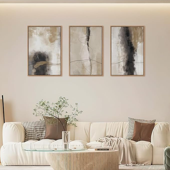 HPINUB Large Modern Abstract Shapes Framed Canvas Wall Art Set,Neutral Black and White Wall Decor,Minimalist Nordic Wall Painting for Living Room,Bedroom,Dining Room,Office -24"x36"x3