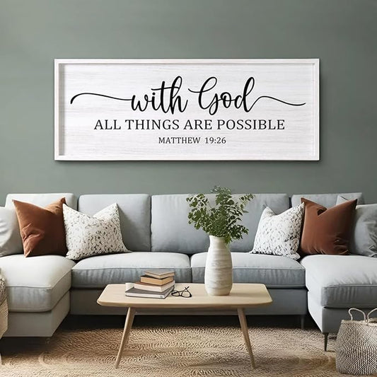 With God All Things are Possible Framed Wall Art, 40''×15'' White Holy Religious Rustic Bible Verse for Christian God Jesus Christ Prayer, Positive Horizontal Inspirational Catholic Scripture Decor