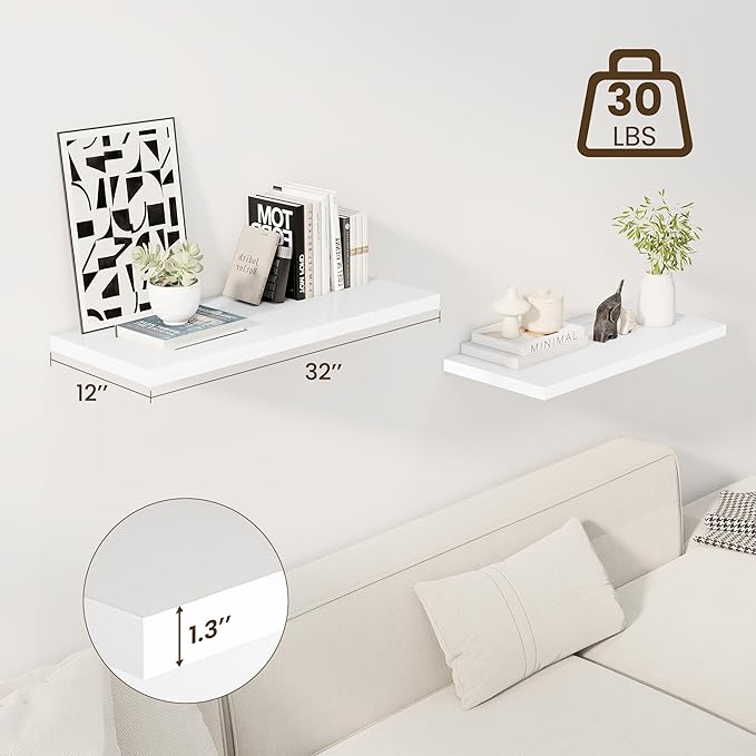 32" Floating Shelves for Wall, 12" Deep Slim White Floating Shelves, Wall-Mounted Shelves for Bedroom, Living Room, Kitchen, Bathroom - Set of 2