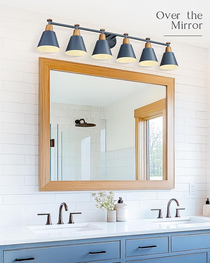 FEMILA Vintage Bathroom Light Fixtures, 45.3" Vanity Lighting Fixtures Over Mirror, 6 Light Vanity Light, Blue Finish, 4FG59B-6W Blue