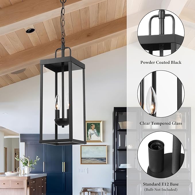Large Outdoor Pendant Lantern Light Fixture for Front Porch, 20 Inch 2-Light Black Exterior Hanging Chandelier with Clear Glass, Outdoor Indoor Pendant Lamp for Patio, Gazebo, Entryway, Doorway