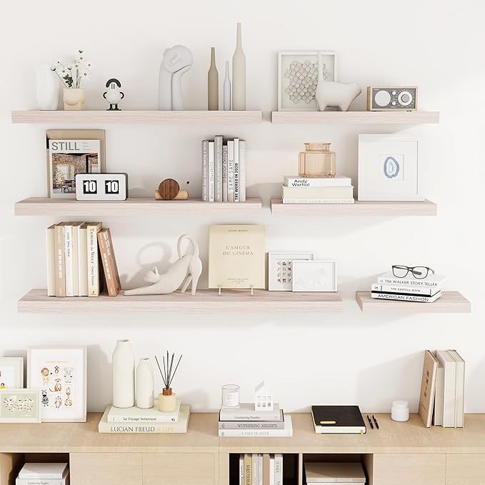 36 Inch Floating Shelves, 3D Textured Wood Grain, 36"x9.25"x1.5" Inch Deep Floating Shelves for Wall, Wooden Shelves for Bathroom, Bedroom, Living Room, Washed White