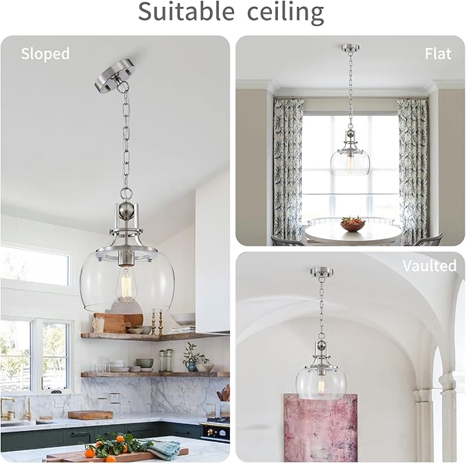 WUZUPS Chandelier Rustic Farmhouse Industrial Round Ceiling Pendant LED Light Fixture with Clear Glass Shades for Dining Room Kitchen Island Foyer Entryway, H 13" x W 10", E26 Base, Brushed Nickel