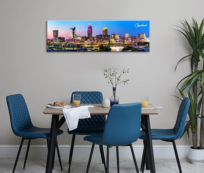 Cleveland Skyline Wall Art Colorful Canvas Prints Night View Ohio USA Cityscape Panoramic City Building Painting for Bedroom Office Decor Framed and Ready to Hang 13.8"x45.3"