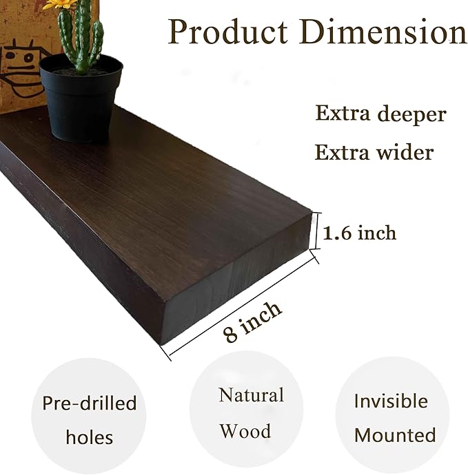 ROGMARS Walnut Wooden Floating Shelves for Wall 48 inches Long,8 Inch Deep Natural Wood Floating Wall Mounted Shelves with Invisible Bracket for Kitchen,Bedroom,Living Room,1PC