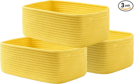 KALLAX Small Woven Basket, 13.5 x 9.5 x 5 Inches, Storage Basket for Organizing, Cute Small Rope Shelf Closet Cube Storage Bins Baskets for Shelves, Dog Toy Gift Baskets Empty, 3 Pack Yellow